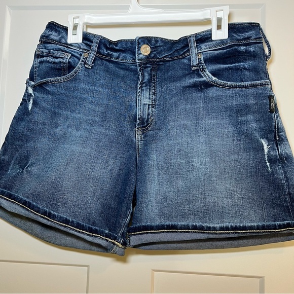 Silver Jeans Boyfriend Shorts Womens 32W/4.5L Distressed Blue Denim Mid Rise Zip - Picture 1 of 12
